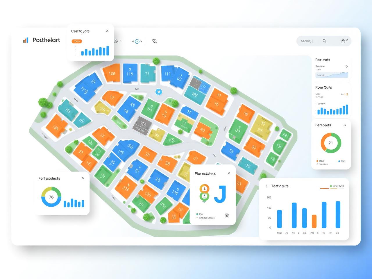 ePlots dashboard showing a colour-coded plot layout map with booking analytics